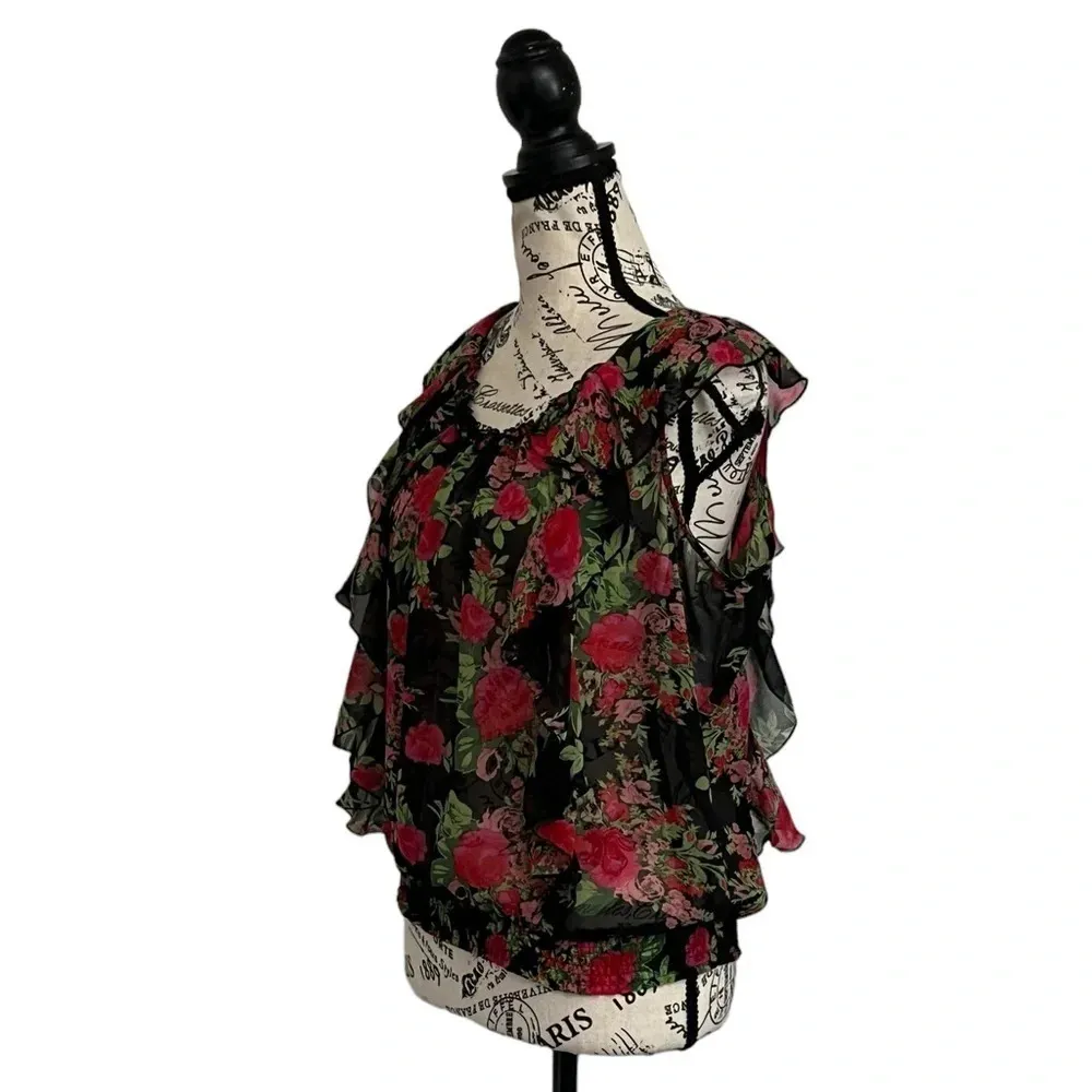 Suzy Shier Black Rose Sheer Ruffle Blouse Women’s Small Flutter Sleeve Romantic - Image 3