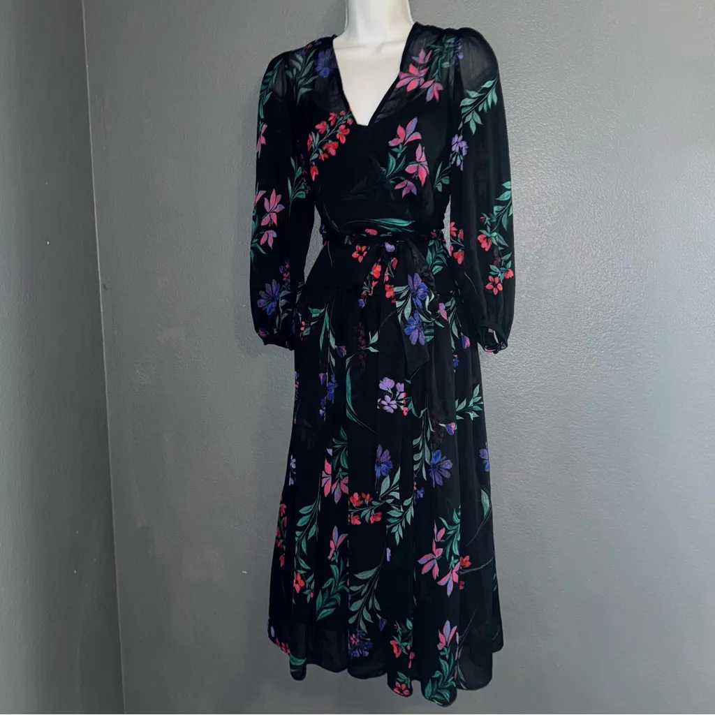 Calvin Klein Long Sleeve Black Floral Midi Dress Womens XS - Small 2 - Image 2