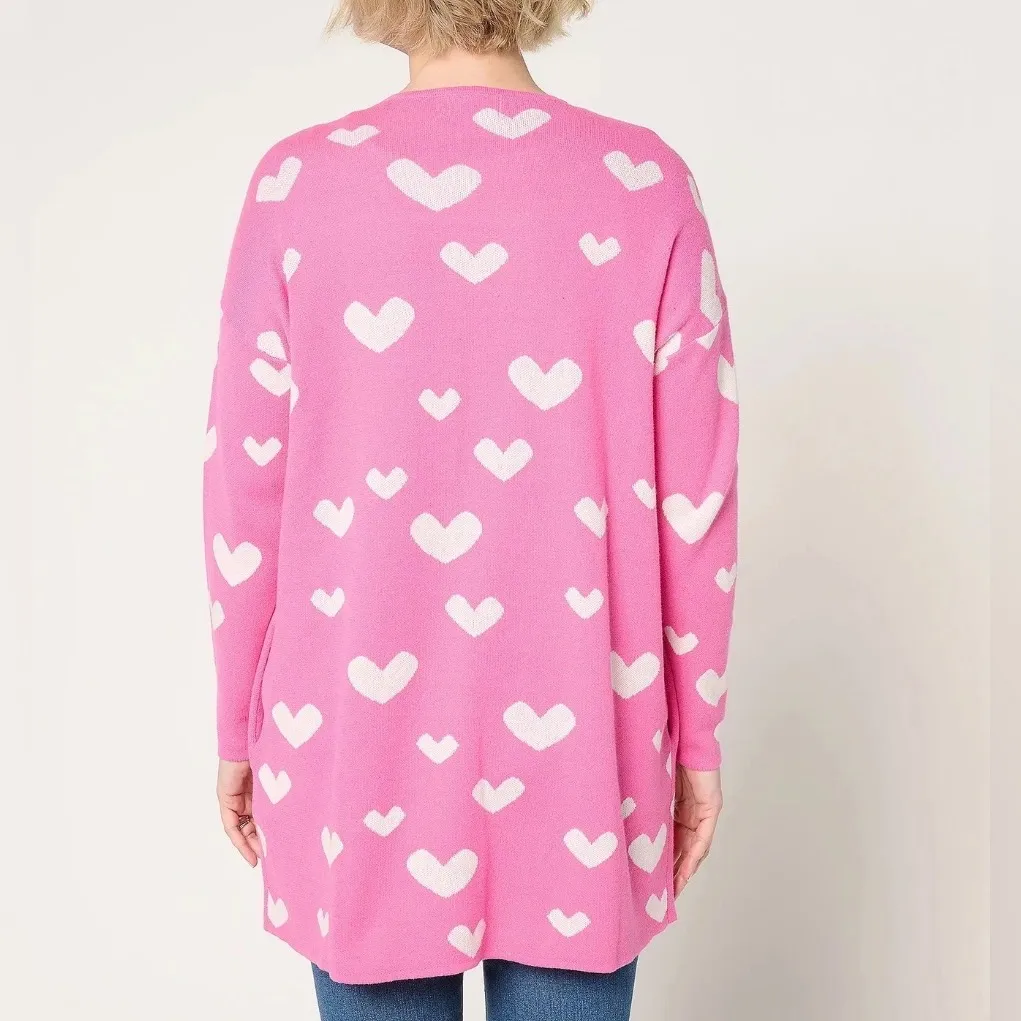 Driftwood Pink Heart Cardigan – Cozy Valentine's Day Open Front Knit Sweater - Image 2