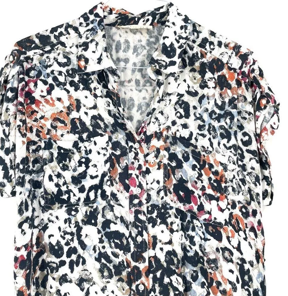 Love Stitch Multicolor Animal Print Rolled Short Sleeve Button Up Shirt Top - Image 2