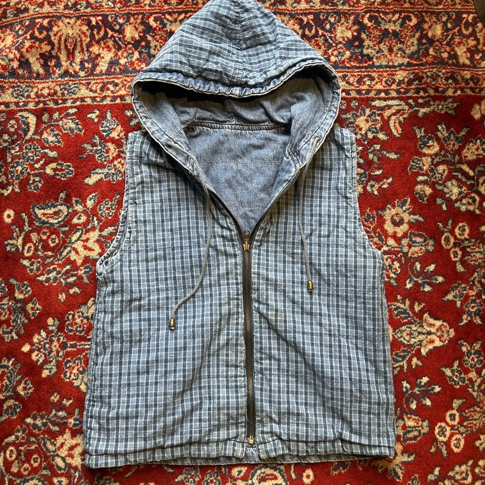 Vtg Gloria Vanderbilt denim full zip reversible vest hoodie women's sz Small 90s - Image 2