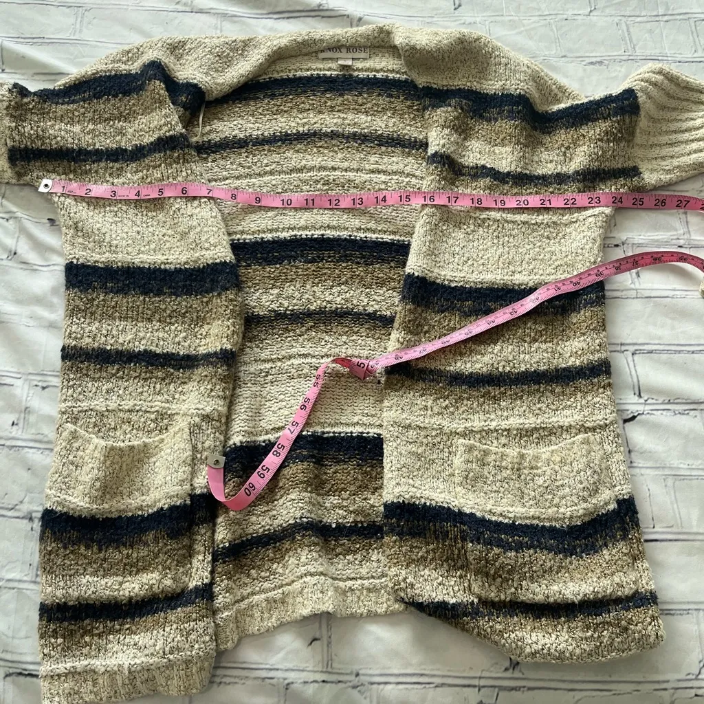 Knox Rose Striped Open Front Cardigan Women’s Small Beige Navy Pocket Sweater - Image 12