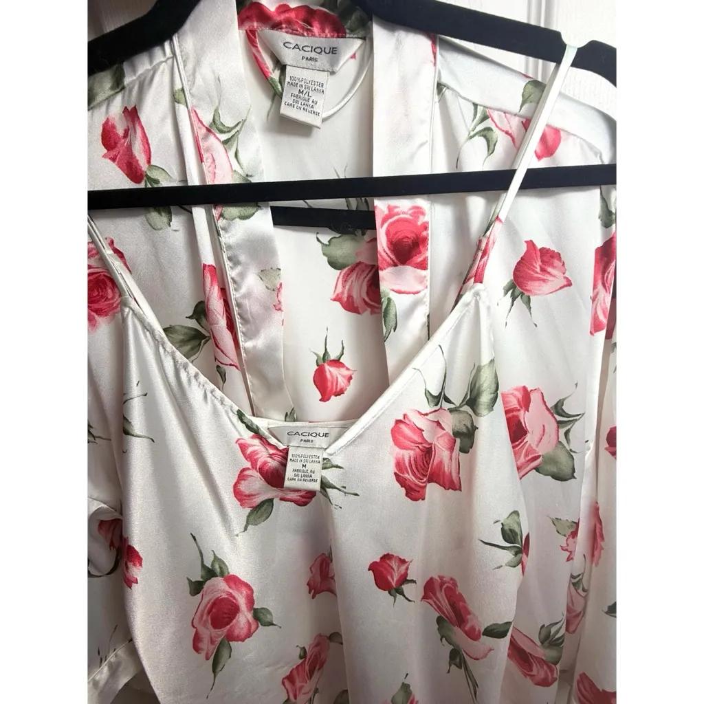 Cacique Paris Rose Floral White Satin Slip Dress & Kimono Robe Set M / M-L - Image 10