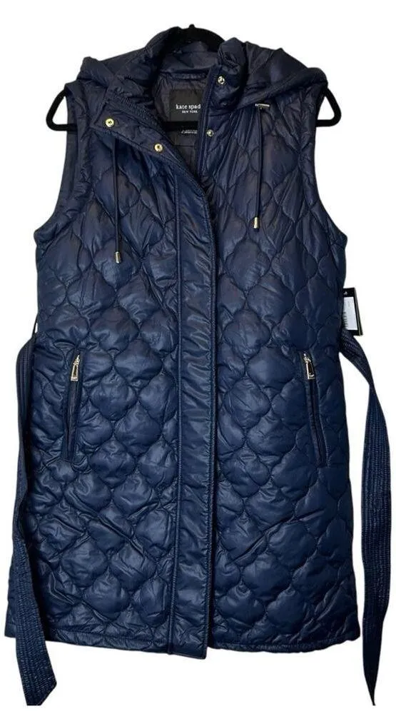 Kate Spade NY Quilted Zip Button Up Puffer Long Vest Navy Blue Tie Waist NWT NEW - Image 2