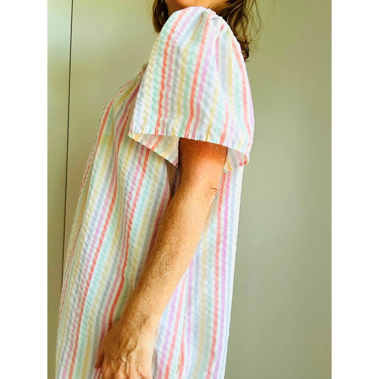Vintage Womens Housedress Pastel Striped Size Large Collared Poolside Loungwear Pink - Image 6