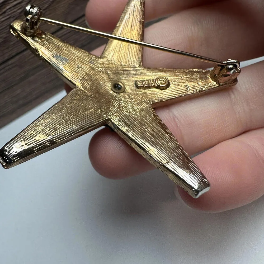HAR Olive Green Star Rhinestone & Enamel Brooch Pin Vintage Signed Gold - Image 12