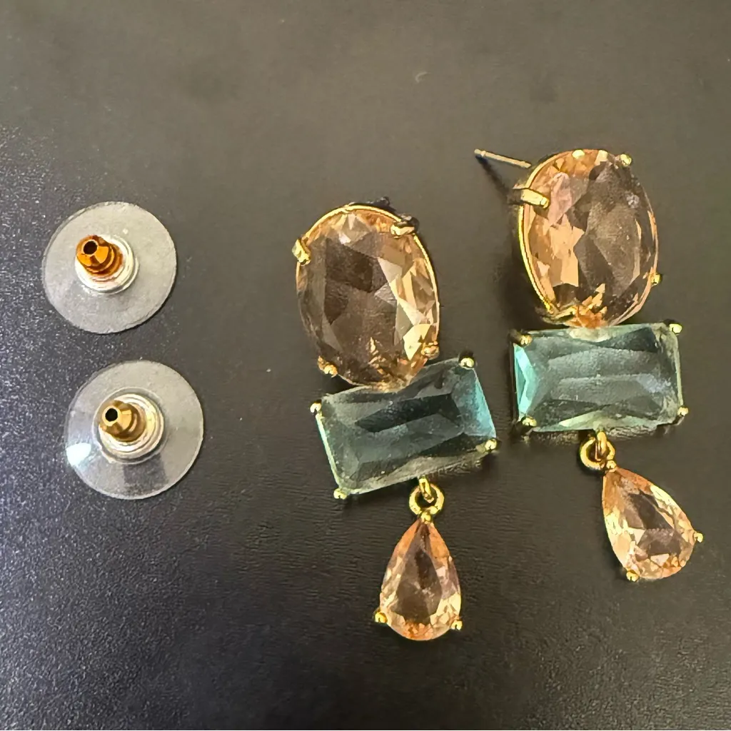 Signed 925 Gold Over Silver Vermeil Peach & Blue Glass Crystal Drop Earrings Pink - Image 8