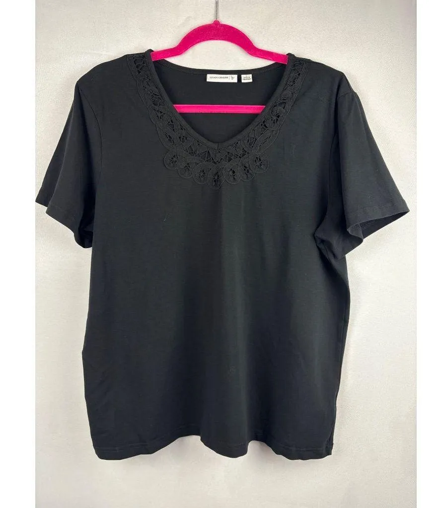 Susan Graver Black Lace Trim Cotton Blend T-Shirt L - Image 2