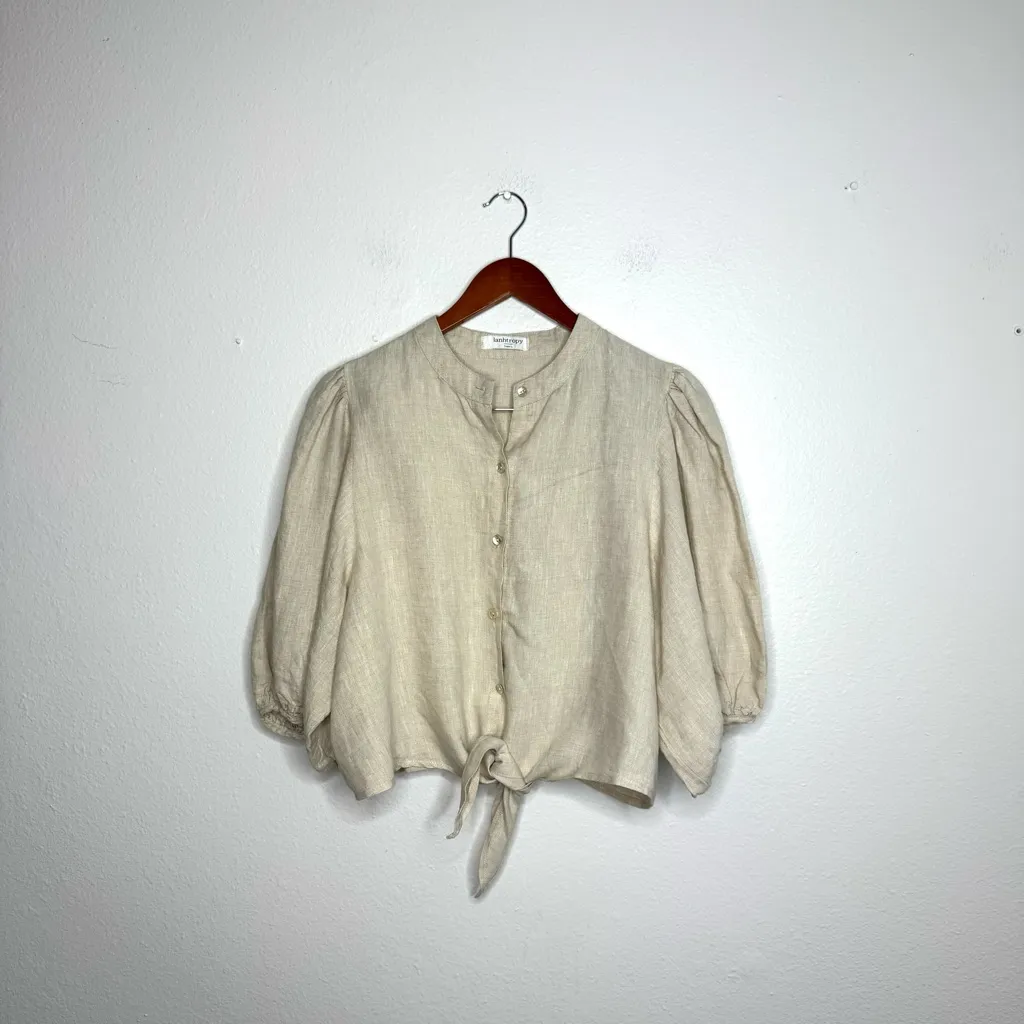 Lanhtropy Natural‎ Bubble Linen Crop Top Beige Tie Waist White Size L - Image 2