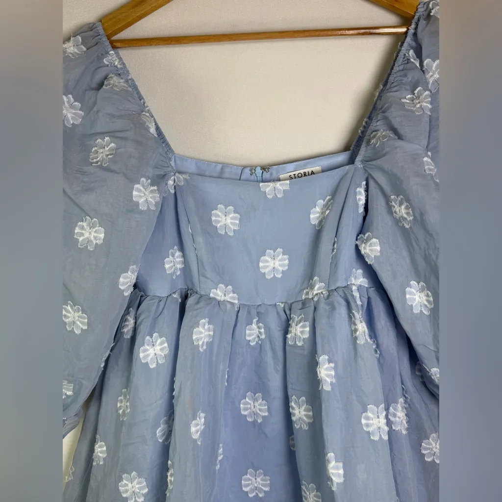 STORIA Women’s Blue Floral Puff Sleeve Mini Dress Cottagecore Coquette  Sz S - Image 6