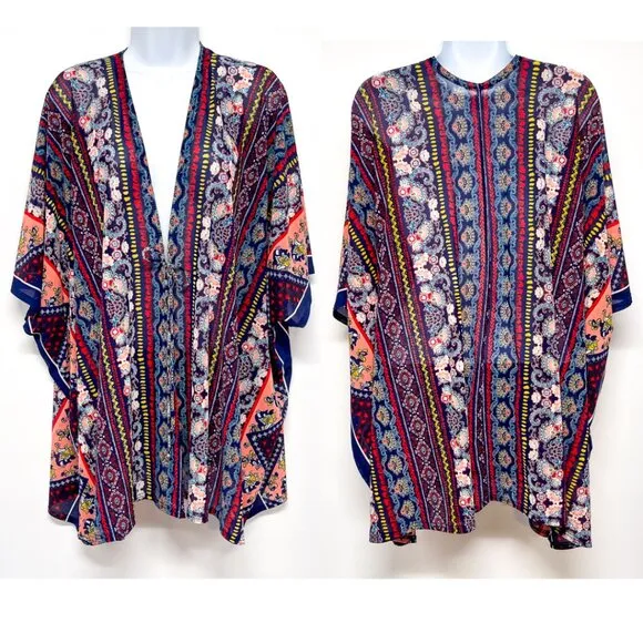 Bohemian Boho Chic Print Kimono Semi Sheer Cover Up Open Front Top Ember Small - Image 2