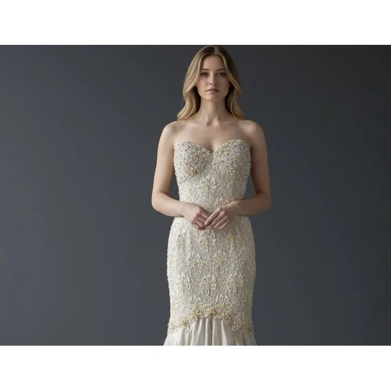 Mac Duggal Couture Beaded Strapless Gown Womens 4 Champagne Lace Mermaid Formal - Image 3