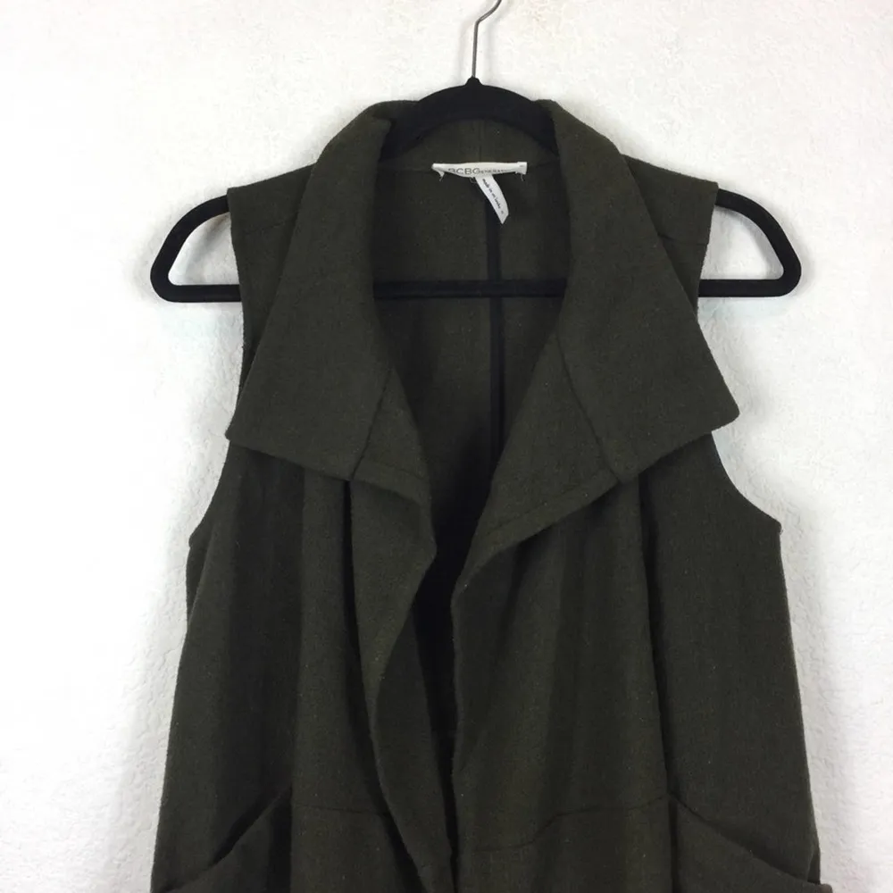 BCBGeneration Green Wool Long Open Front Military Duster Vest Size Small - Image 3