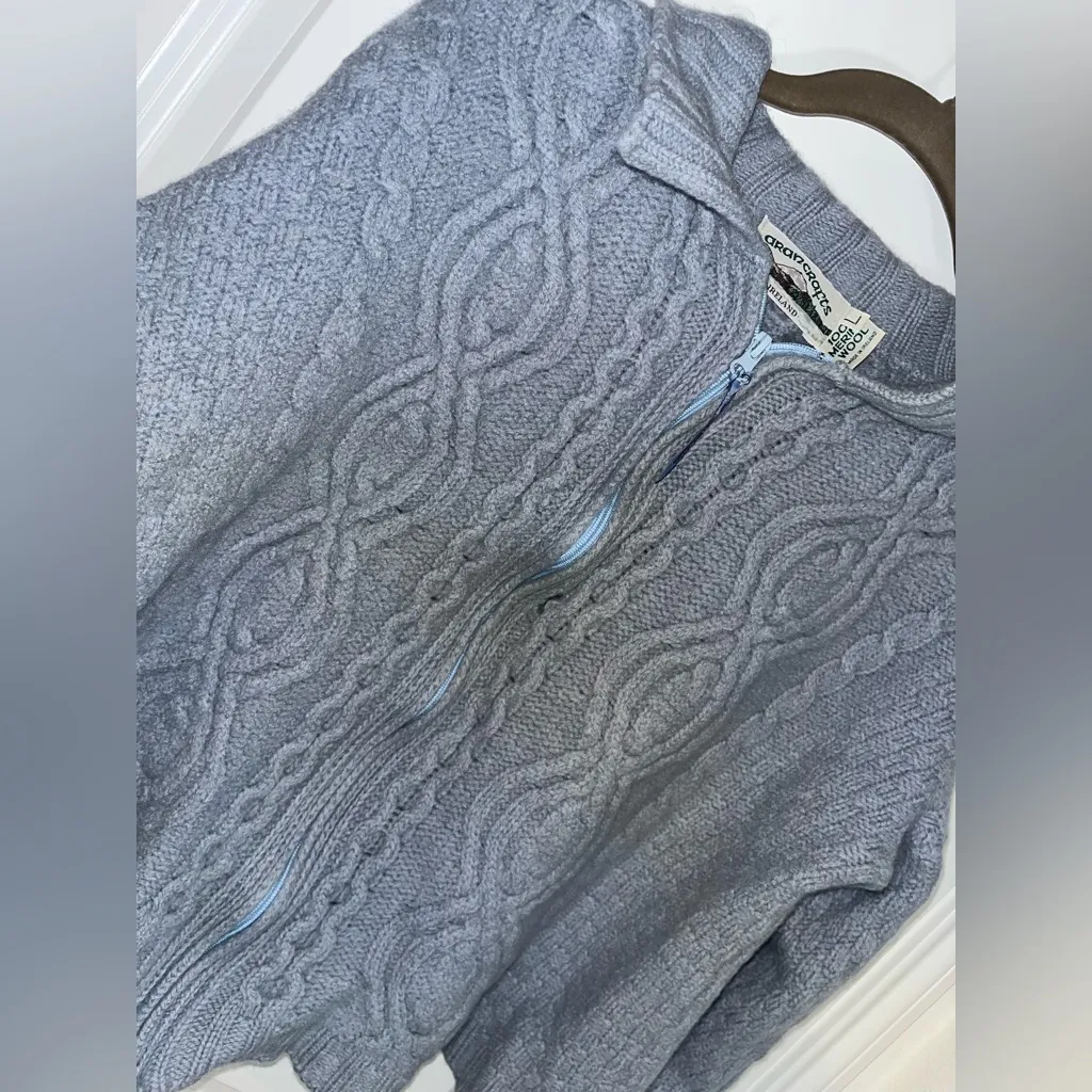 Aran Crafts Merino Wool Full Zip Fisherman Cable Knit Blue Sweater Jacket Sz L Size L - Image 11