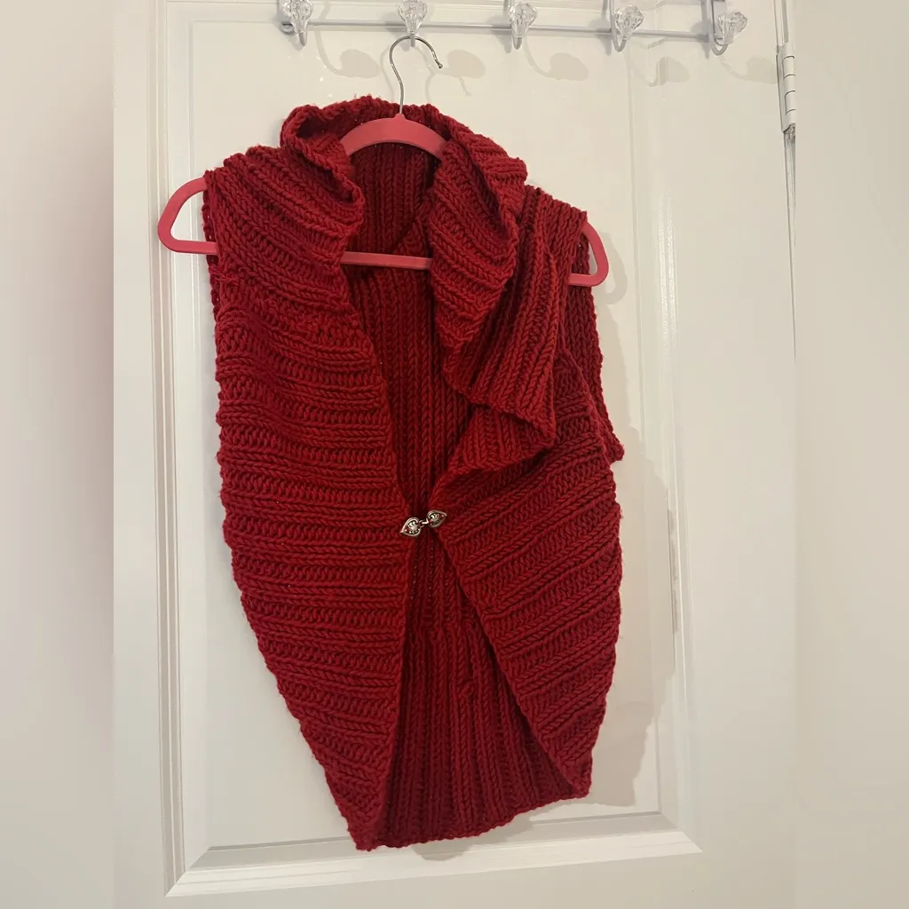 Chunky Knit Red Shawl Collar Cardigan Handmade Look Cozy Sleeveless Sweater Vest - Image 6