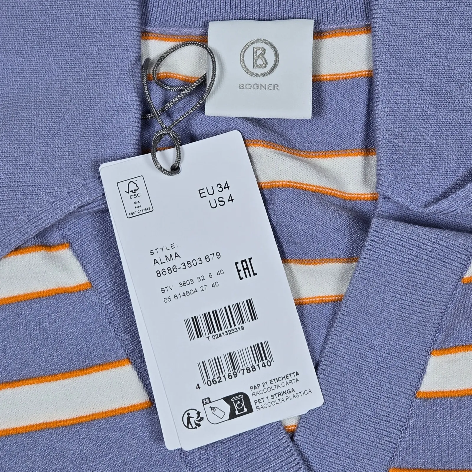 BOGNER Alma Striped Knit Polo Sweater Periwinkle Orange White Size EU 34 US 4 Blue - Image 3