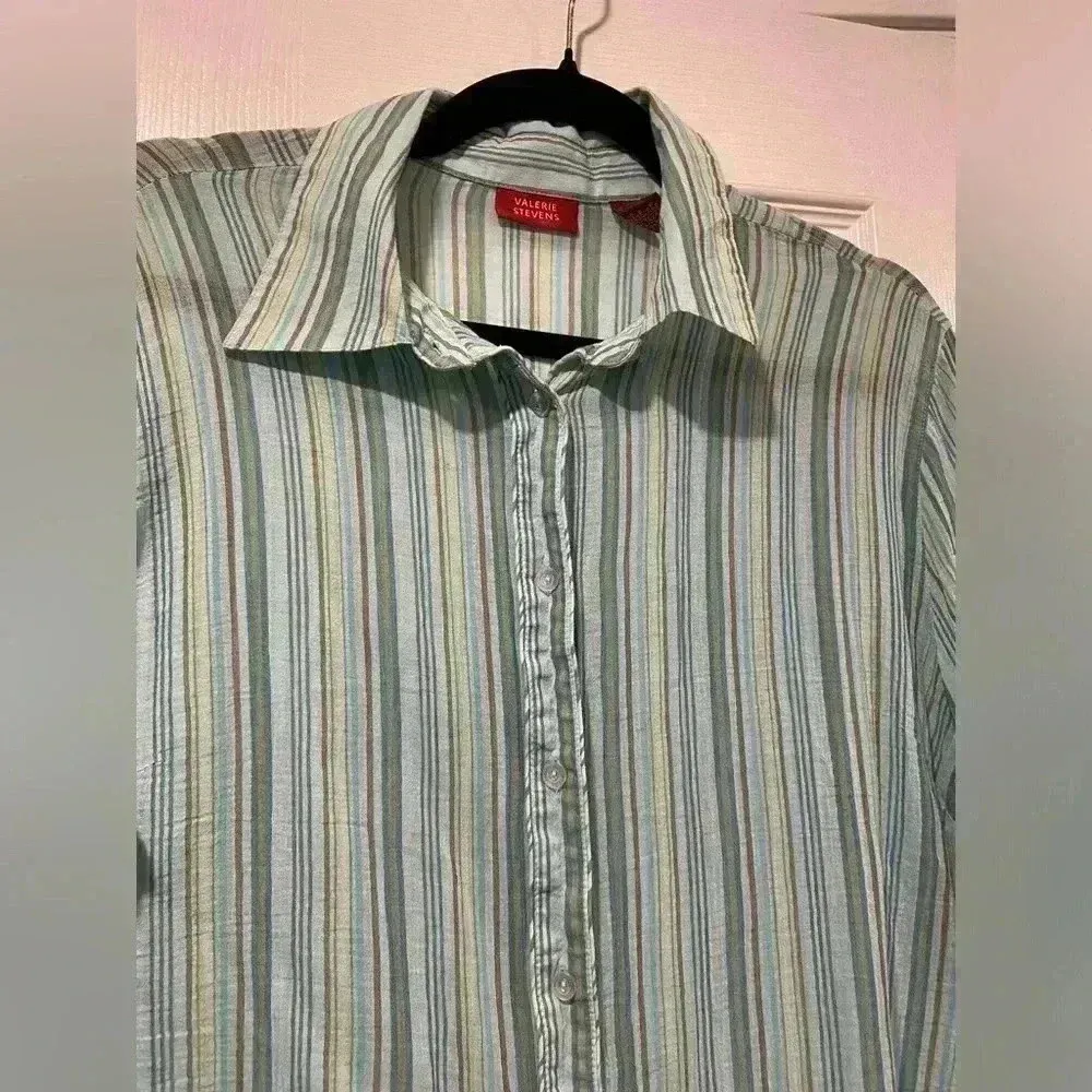 Valerie Steven’s Blue Green Striped Semi Sheer Gauze Collared Button Down Size L - Image 2
