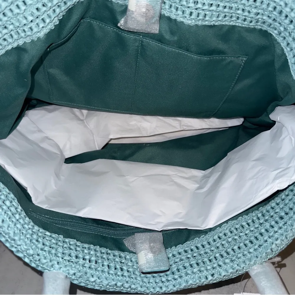 NWT COACH Straw and smooth leather City Tote Bag CBG87 Turquoise Blue - Image 9