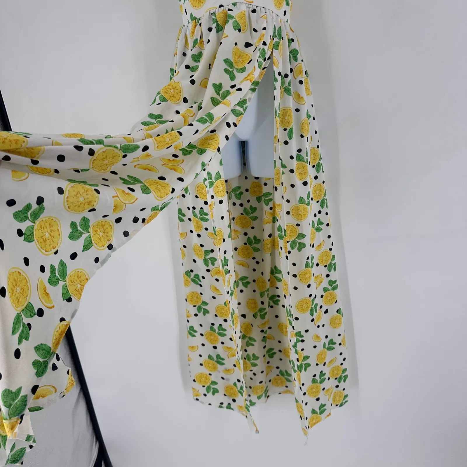 Womens Lemon Print Maxi Dress Halter Neck Size S Slit White Yellow Fun Party - Image 7