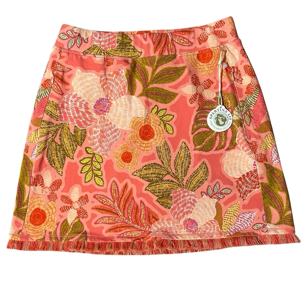Spartina 449 Callawassie Floral Pink Mini Skirt Fringe Pockets Medium NWT Lined - Image 5