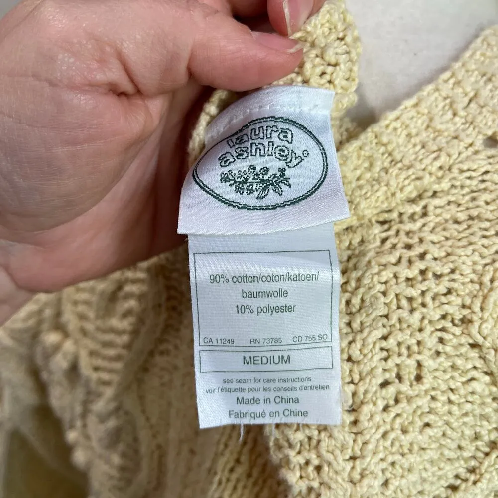 Vintage Laura Ashley Cotton French Knot Pom Crochet Knitted Cardigan Yellow SZ M - Image 6