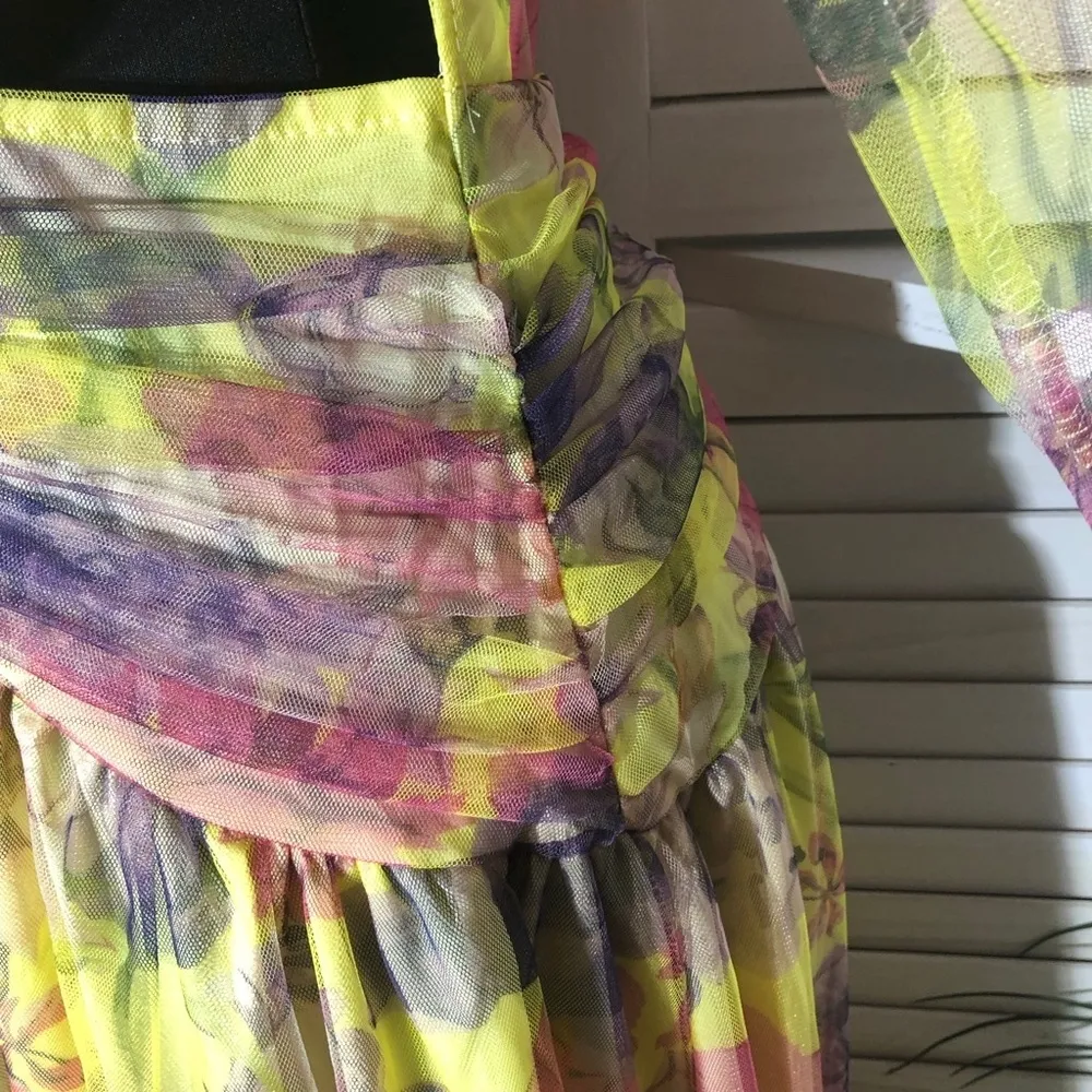 Vintage 70s One Shoulder Maxi Dress Floral Yellow Pink M Size M - Image 13