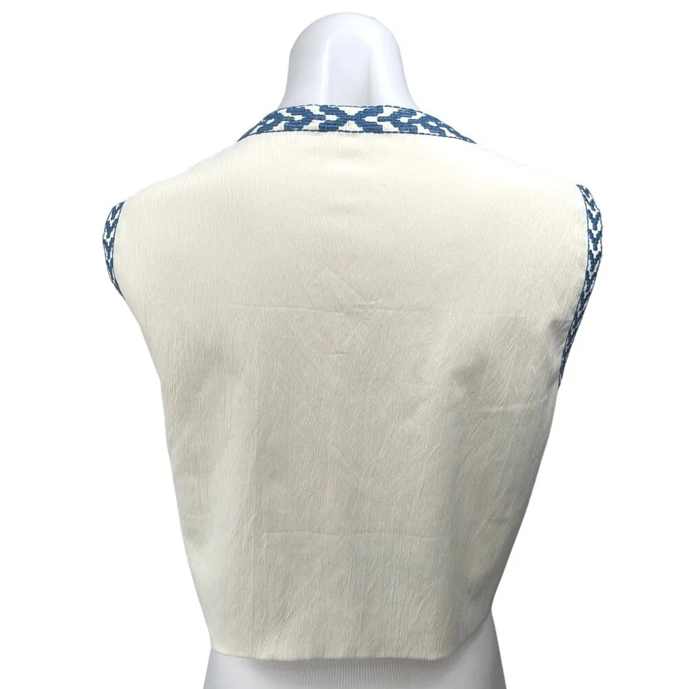 Women's White Blue Floral Embroidered Open Front Boho Crop Top Vest Coat Size L Size L - Image 2