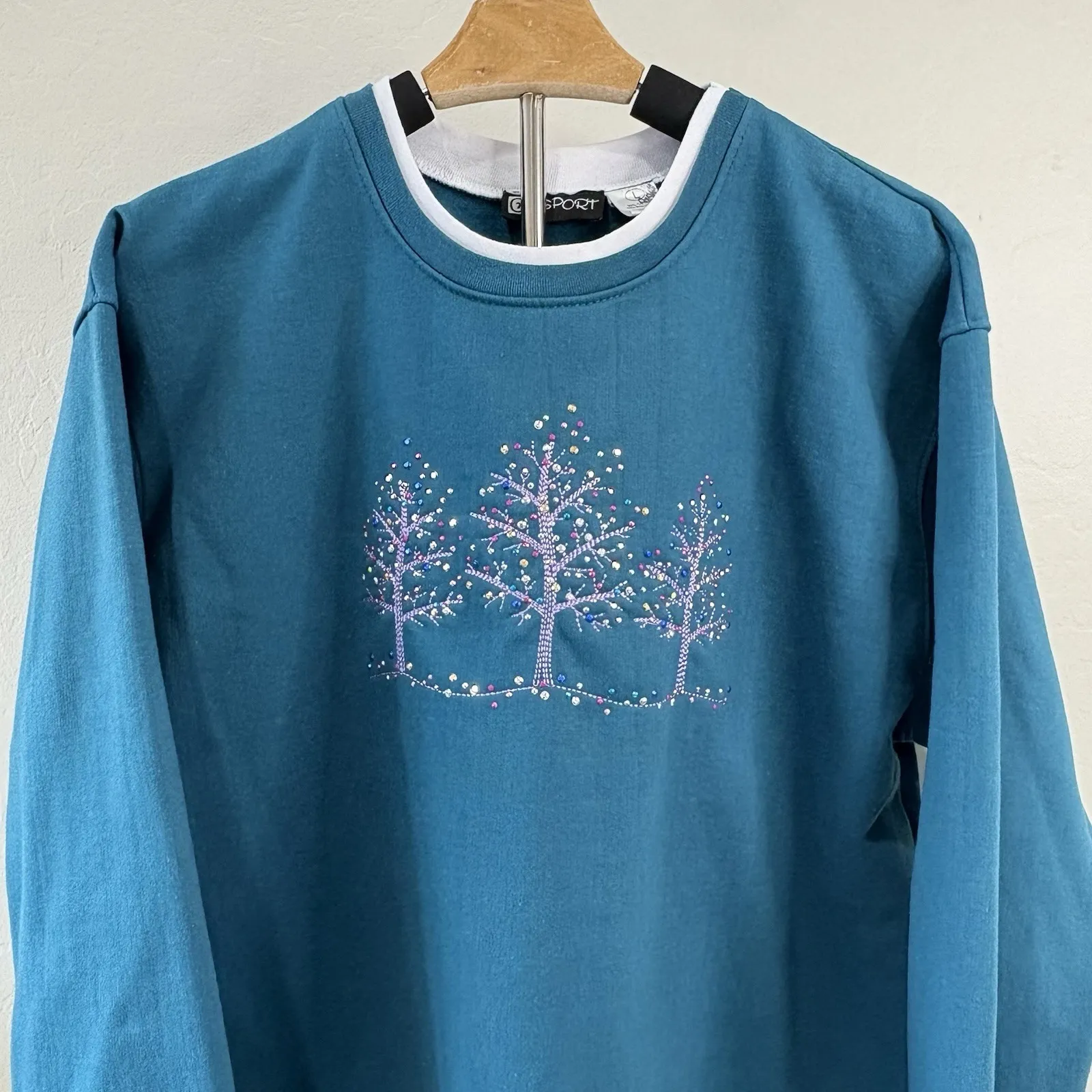 Vintage Teal Blue Double Collared Pullover Sweatshirt Winter‎ Tree Design - Image 2