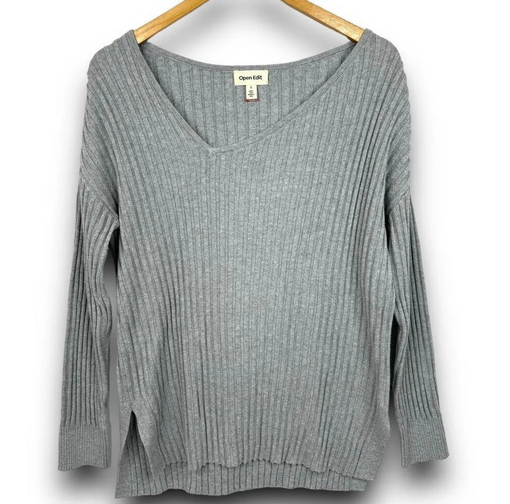 NEW Open Edit Ribbed Sweater Asymmetric Vneck Tunic Long Sleeve Gray Size Small - Image 2
