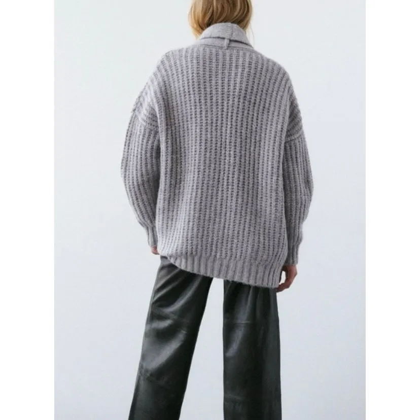 Zara grey oversized chunky knit cardigan sweater size small - Image 2