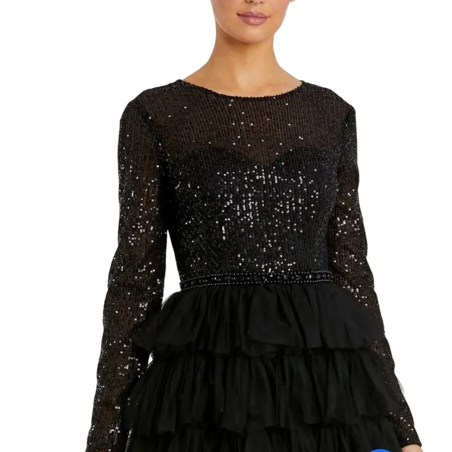 Mac Duggal NEW Size 6 Black Long Sleeve Ruffle Tiered Midi Dress Style 26299 - Image 3