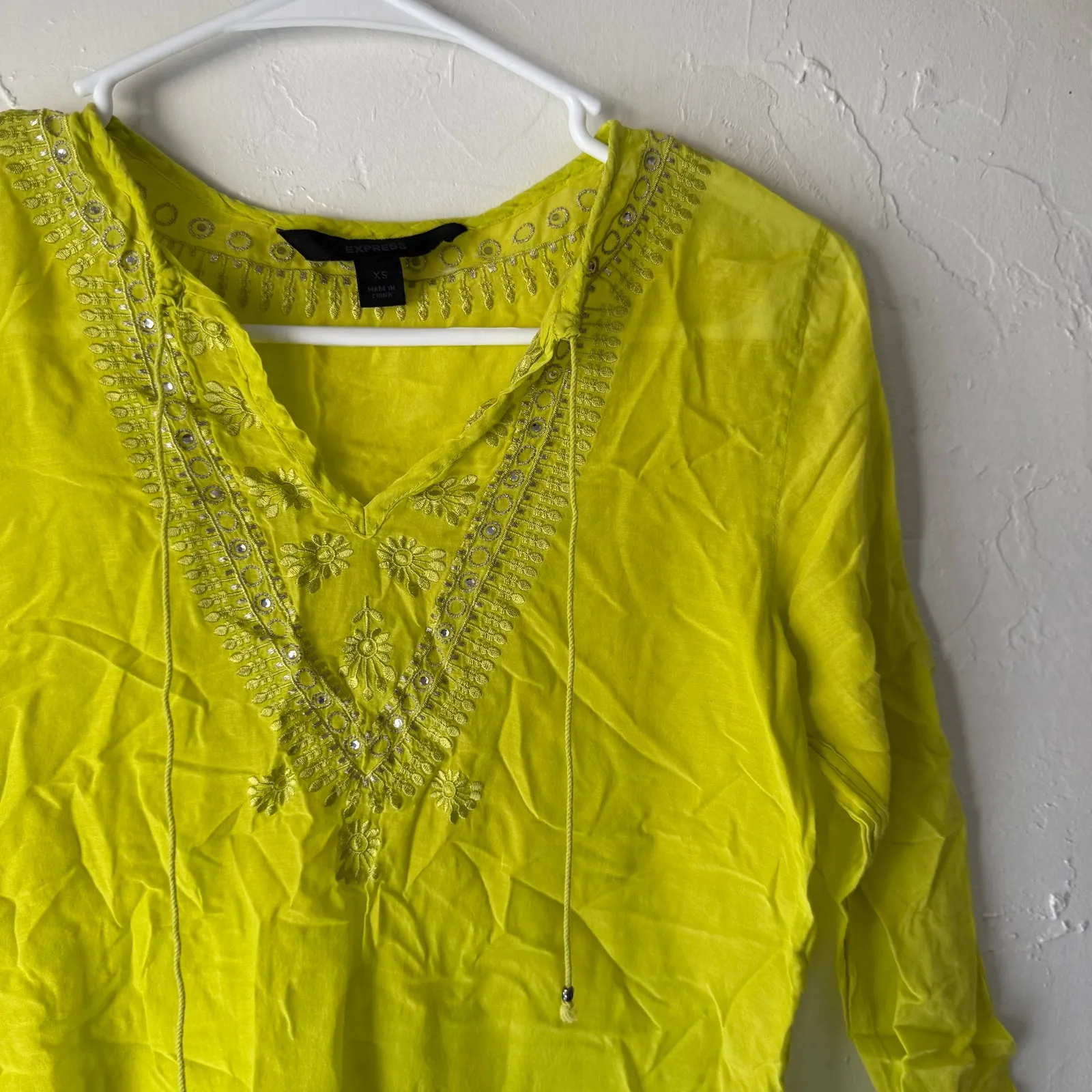 Express Y2k Size XS Neon Yellow Boho Rhinestone Silk Blend Going Out Top‎ - Image 2