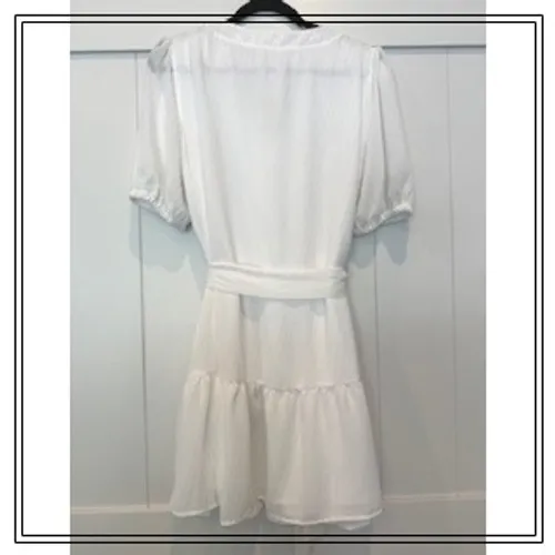 MICHAEL Michael Kors White Textured Puff Sleeve Tiered‎ Tie Waist Dress - Image 6