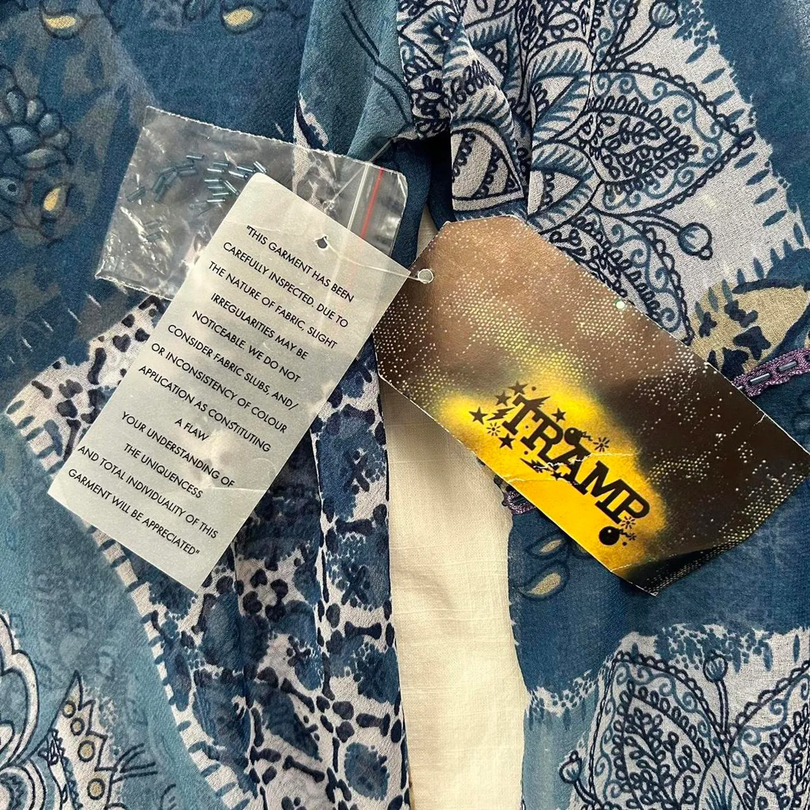 Y2K deadstock Tramp sheer Blue yellow 70s style bell sleeve blouse with beading Size M - Image 2