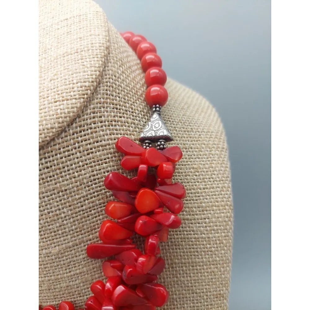 Beautiful Artisan Faux Polished Coral Collar Necklace Double Strand Teardrop 16" - Image 3