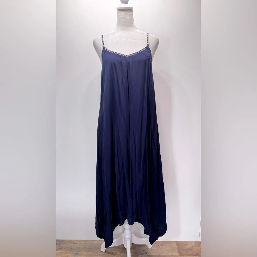 Navy Blue Asymmetric Handkerchief Hem Boho Strap Slip Dress by She + Sky Hippie - Image 4