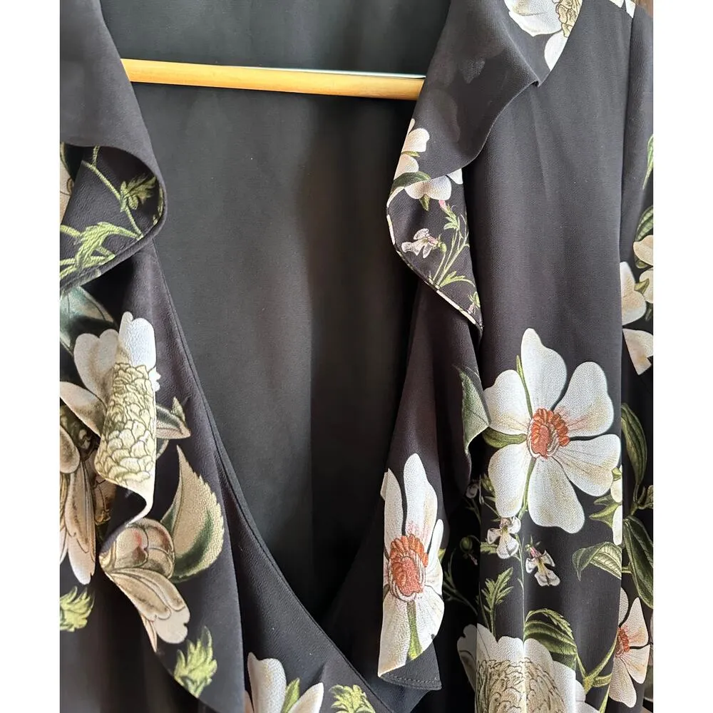 EVER NEW | Black Floral Print Wrap Dress Ruffle Sleeve Ruffle Neck | Size 12 - Image 5