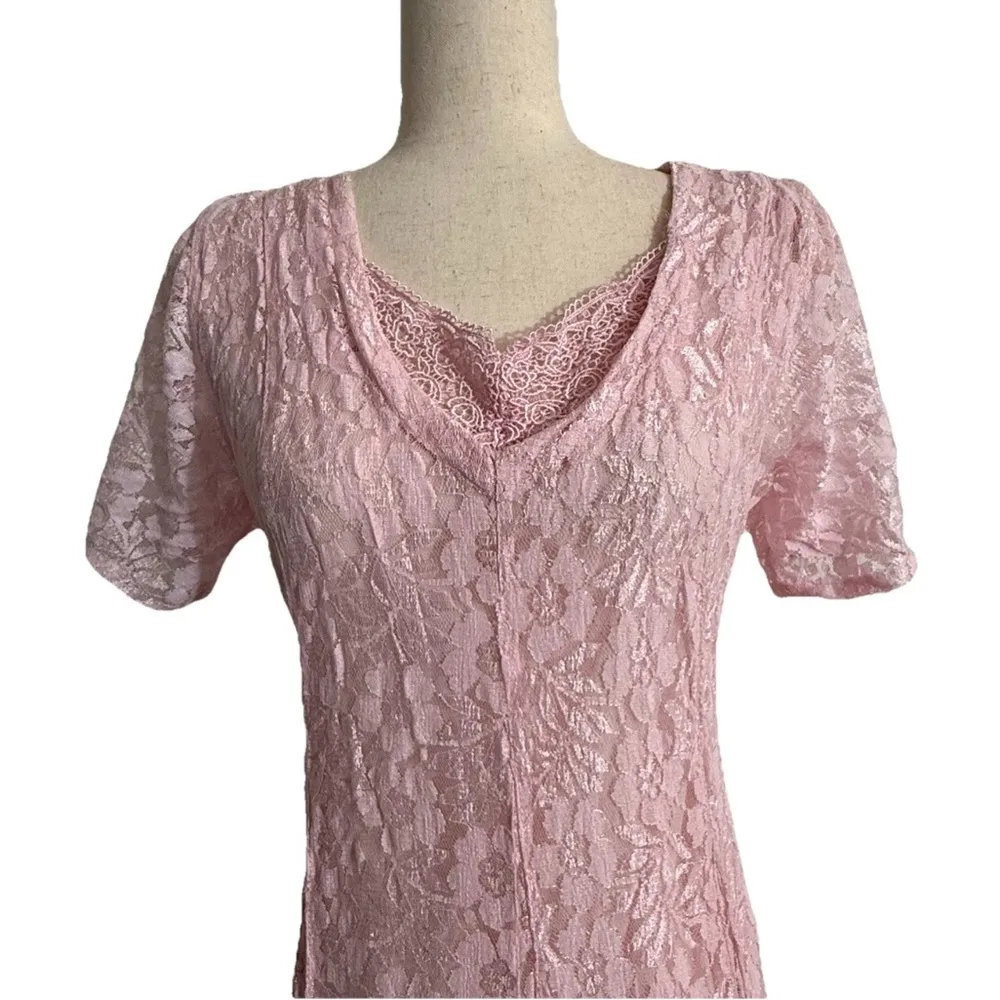 VTG Nostalgia Maxi Gauzy Lace Dress sz M Pink Short Sleeve Flowy Fairy Boho Size M - Image 3