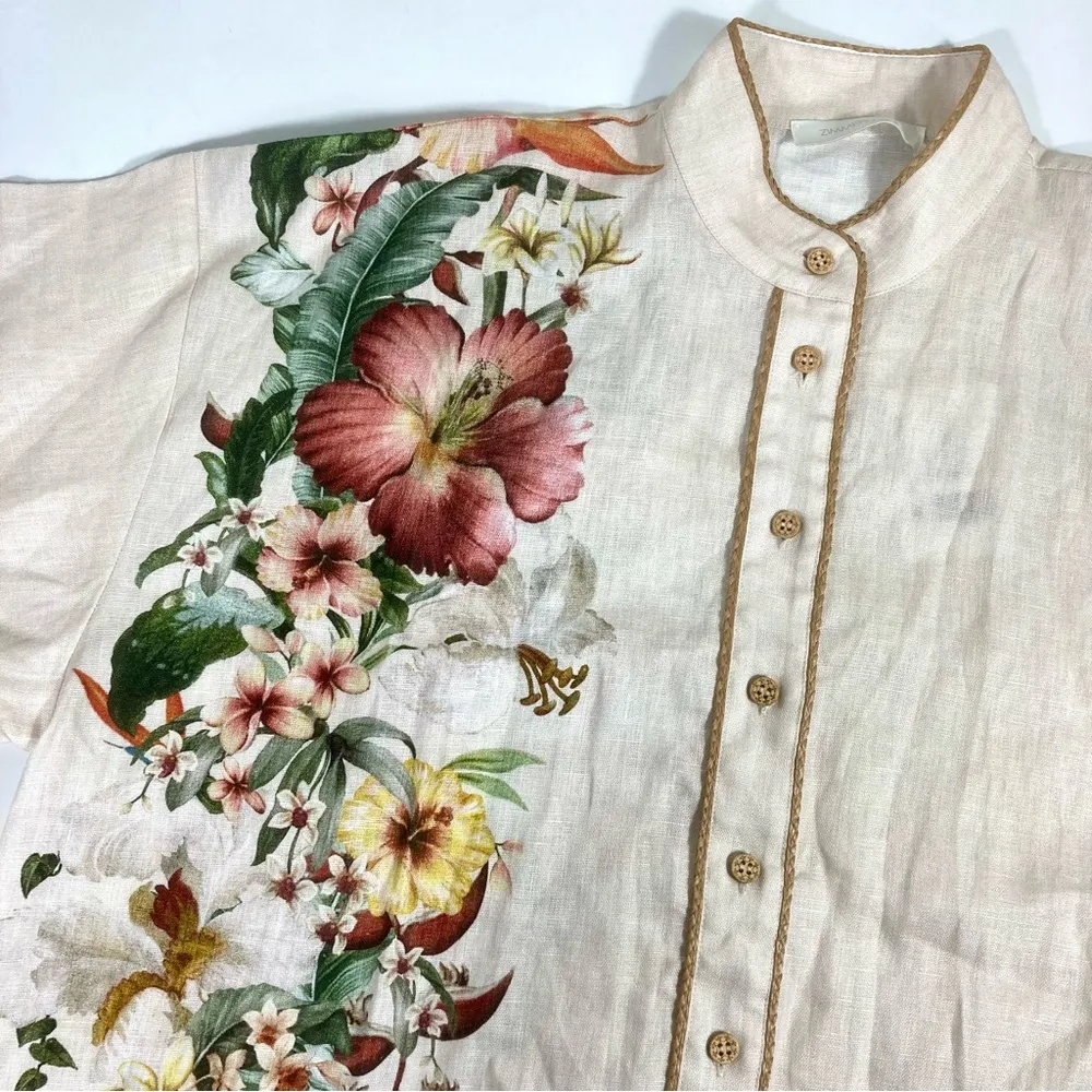 Zimmermann Lexi Tropical Floral Raffia Trim Button Up Shirt Ivory Palm 10 NWT - Image 10