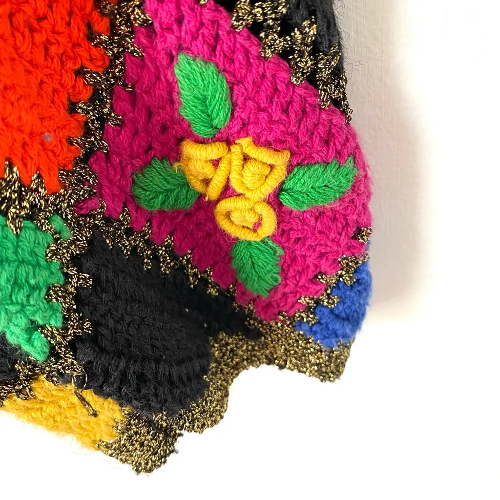 Vintage Hand Knit Limited Embroidery Crochet Patchwork Gold Metallic Sweater M/L - Image 3