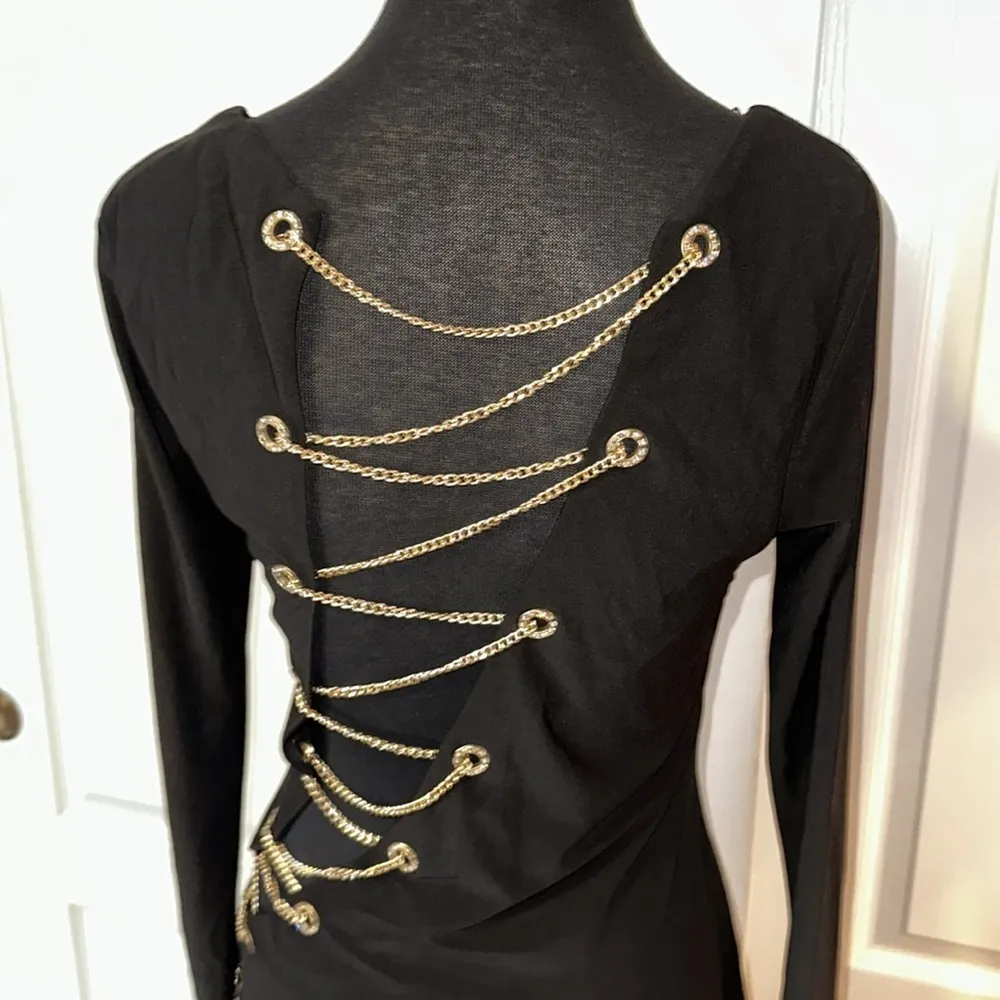 SYMPHONY LITTLE BLACK DRESS GOLD CHAIN SEXY CUT OUT LACE UP RHONESTONE - Image 6