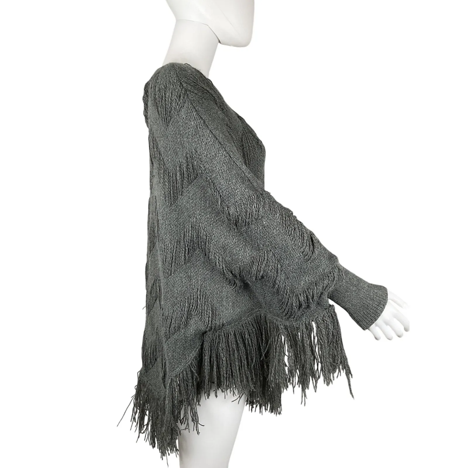 Entro Gray Chevron Fringe Knit Poncho Sweater Pullover Size S - Image 3