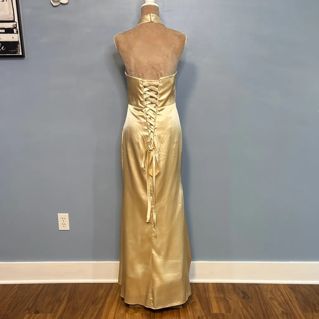 Glamorous Gold Satin Maxi Dress Size 6 - Image 10