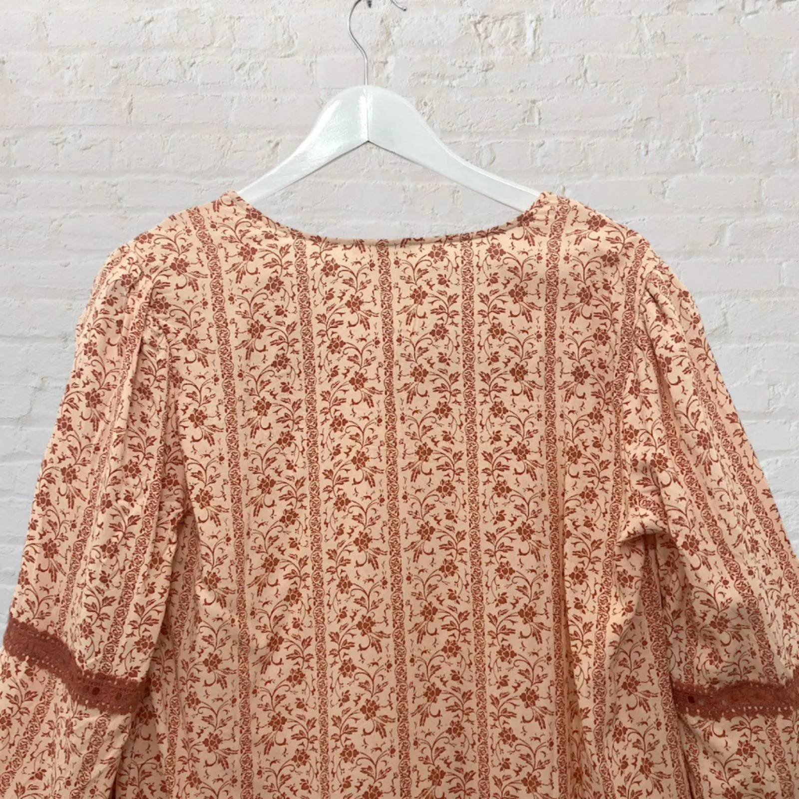 Boho Peasant Blouse M Floral Crochet Lace Tie Neck 3/4 Sleeve Festival Orange Size M - Image 12