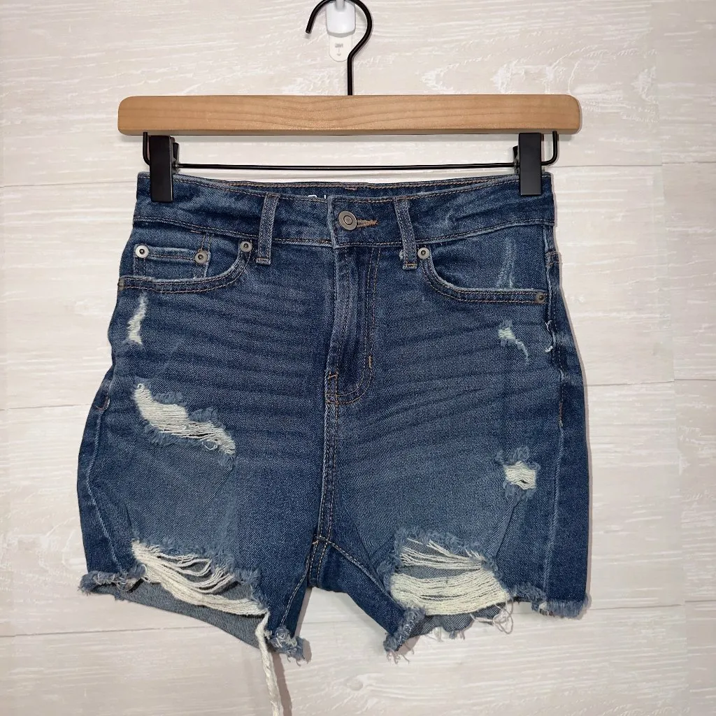 No Boundaries Distressed High Rise Denim Jean Shorts Blue Cutoff Frayed Hem - Image 2