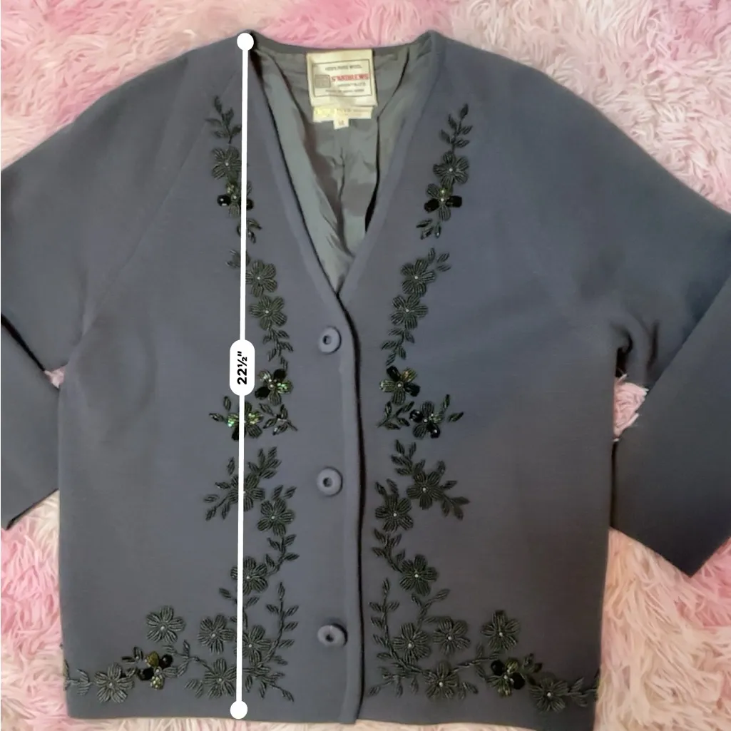 Vintage St Andrews Wool Cardigan Beaded Floral Applique Sweater Blue Size 12 - Image 4