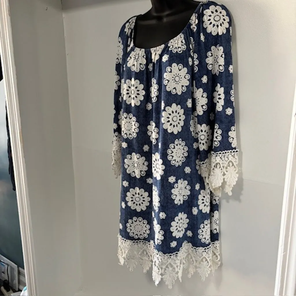 Honeyme Curvy Blue White Dress 2XL Crochet Lace Trim Boho Chic Romantic Feminine - Image 3