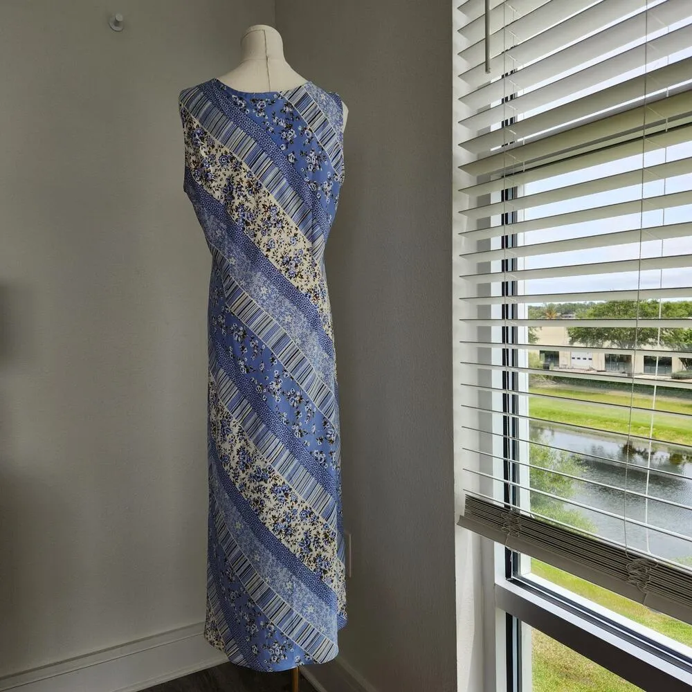 Vintage Dressbarn Blue Floral Diagonal Striped Sheath Sleeveless Maxi Dress M - Image 8