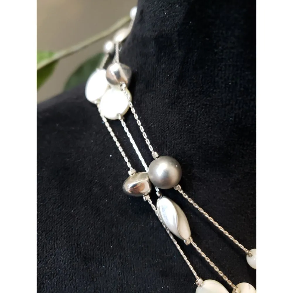 Womens 3 Strand Silver Tone Faux Pearl Abolan Shell Blister Pearl Bib Necklace - Image 5