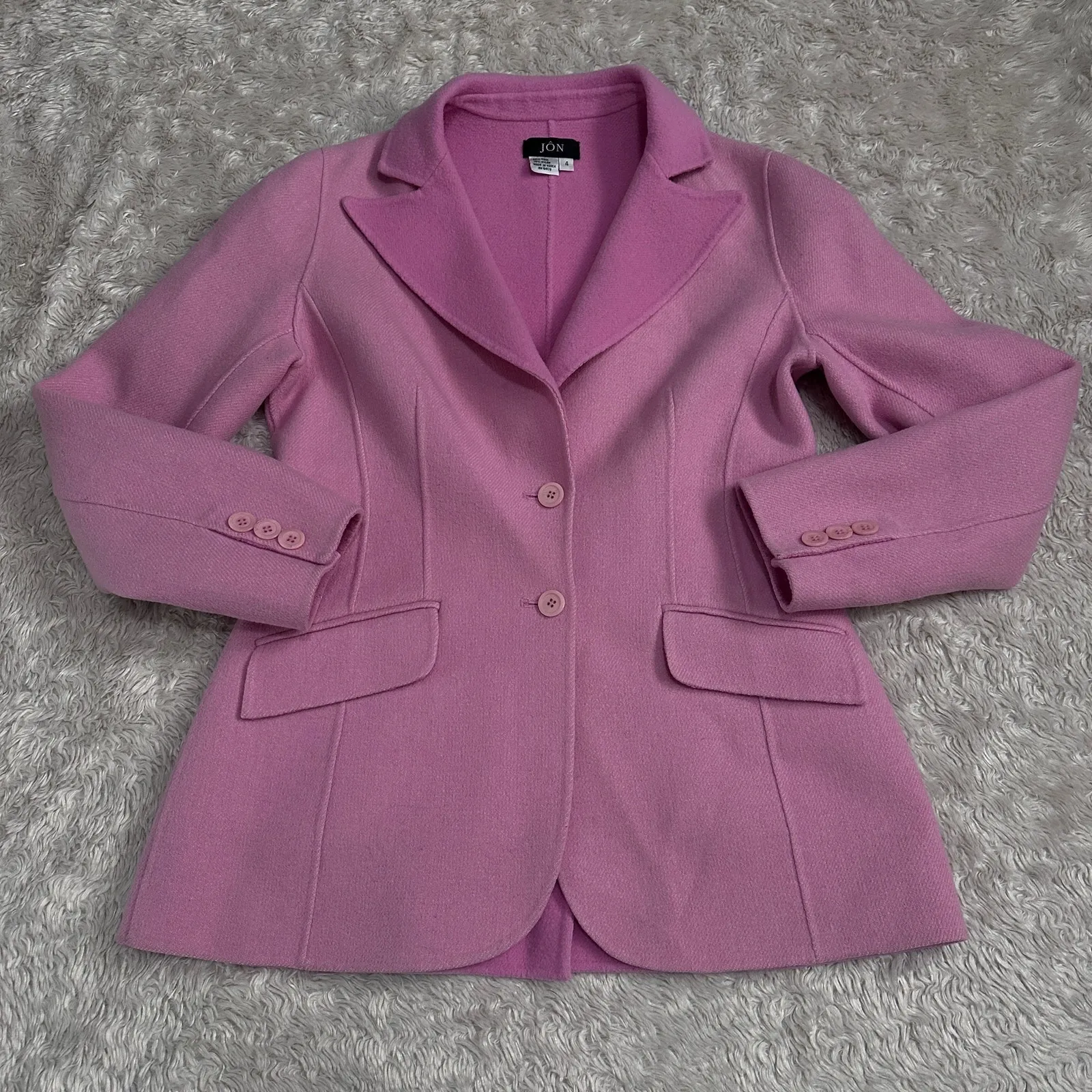 Vintage 80s Jôn Tailored Flocked Wool Knit Blazer Jacket Collared Candy Pink Size 4 - Image 3